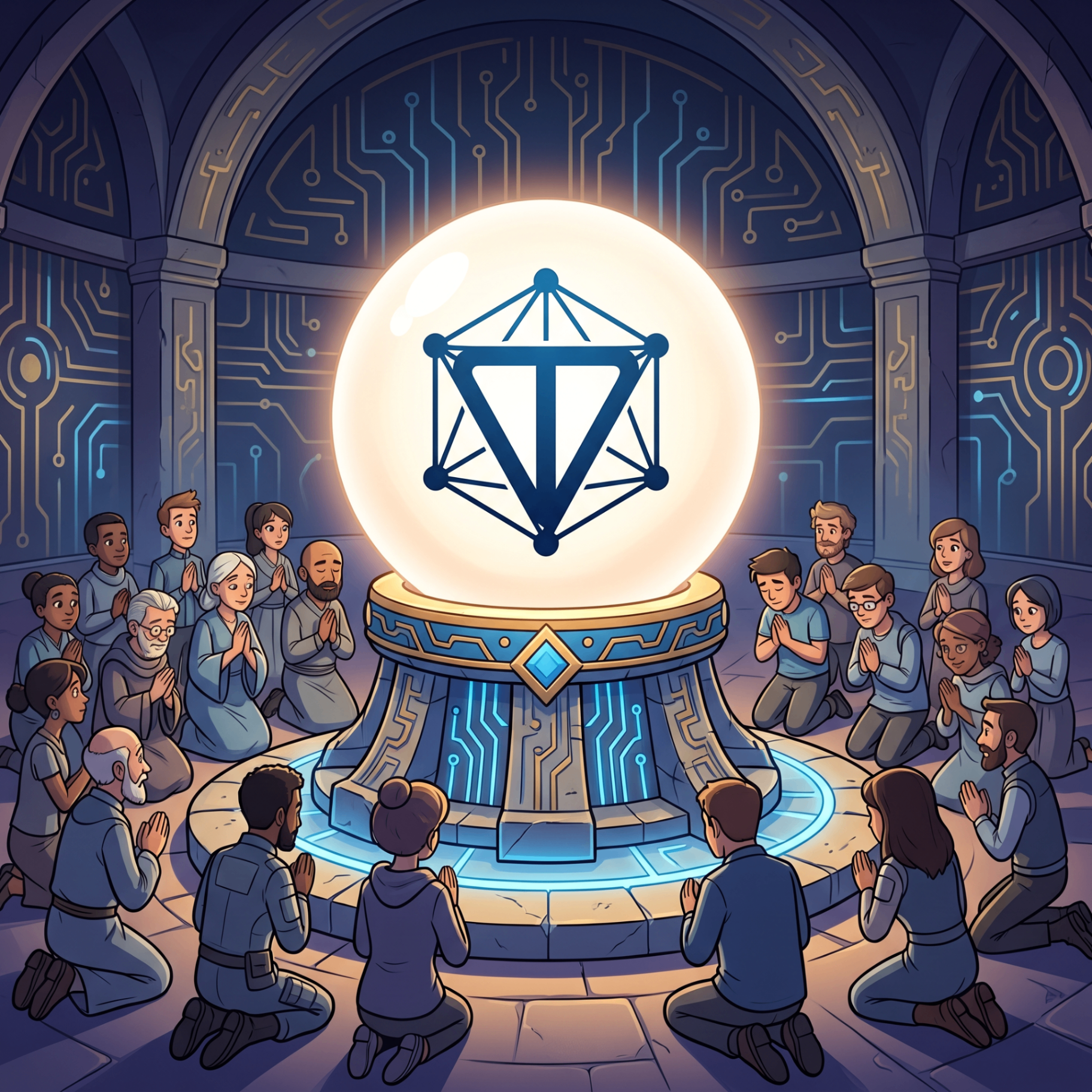 Believers gathered around the glowing TON crystal inside the digital temple